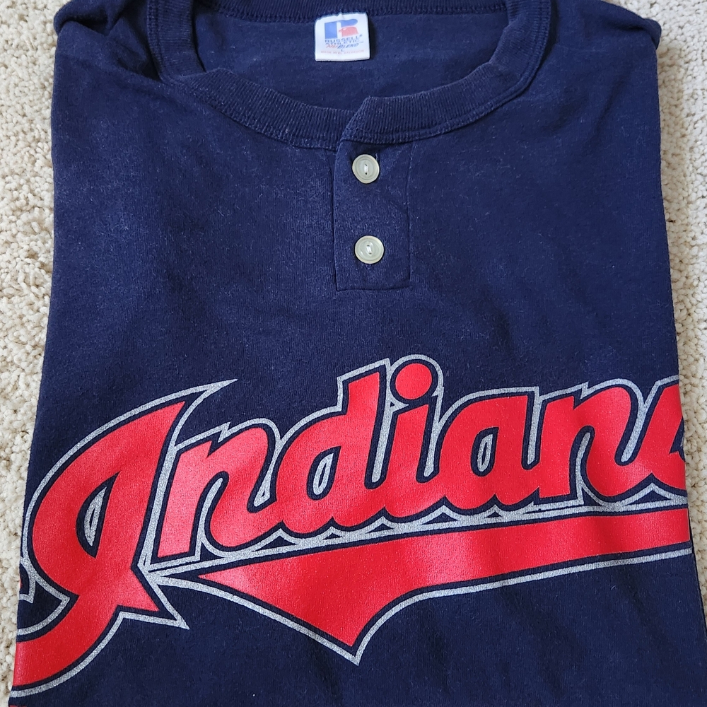 Russell Athletic Navy and Red Indians Henley Shirt - LARGE